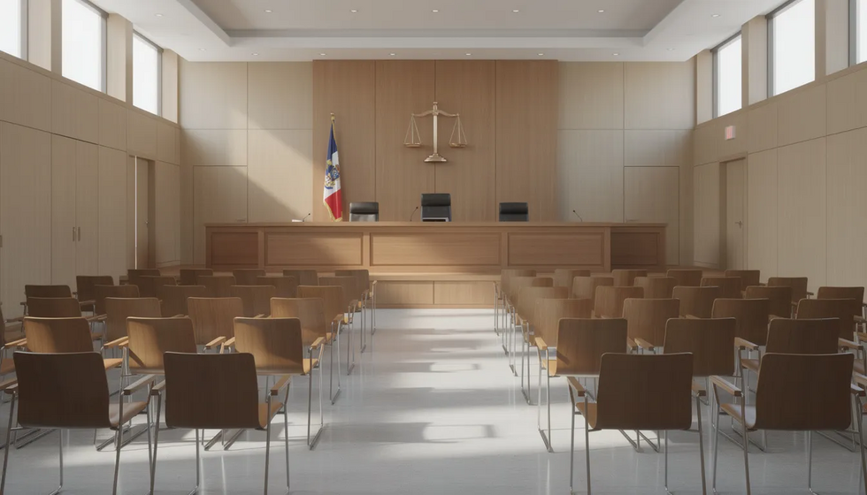 The image depicts a modern courtroom interior with empty chairs, symbolizing the legal proceedings involved in military divorce cases. This setting reflects the serious nature of family law issues, particularly for active duty service members and military families navigating the complexities of divorce, child custody, and property division under federal regulations and Texas law.