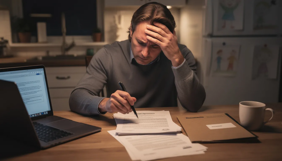 A concerned parent is sitting at a table, reviewing legal documents related to child custody and potential relocation plans, reflecting the emotional weight of the legal challenges they face as a custodial parent. The documents may involve custody agreements and court orders that impact the child's well-being and relationship with the noncustodial parent.