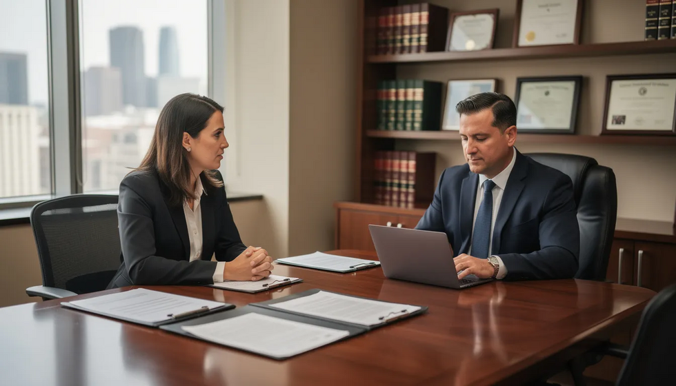 The image depicts a professional legal consultation taking place in a Houston law office, where an experienced family law attorney discusses child custody and relocation options with a custodial parent. The setting conveys a sense of trust and confidentiality, emphasizing the importance of legal assistance in navigating the complexities of parental relocation and the best interests of the child.