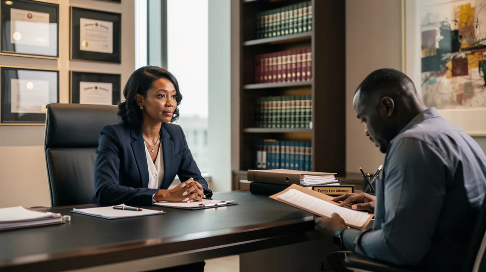 An attractive African American female attorney is seated in an upscale office, engaged in a confidential consultation with a father navigating the legal process of divorce. The setting suggests a focus on family law issues, including child custody and support obligations, emphasizing the attorney's role as a compassionate legal representative for fathers' rights in Houston.