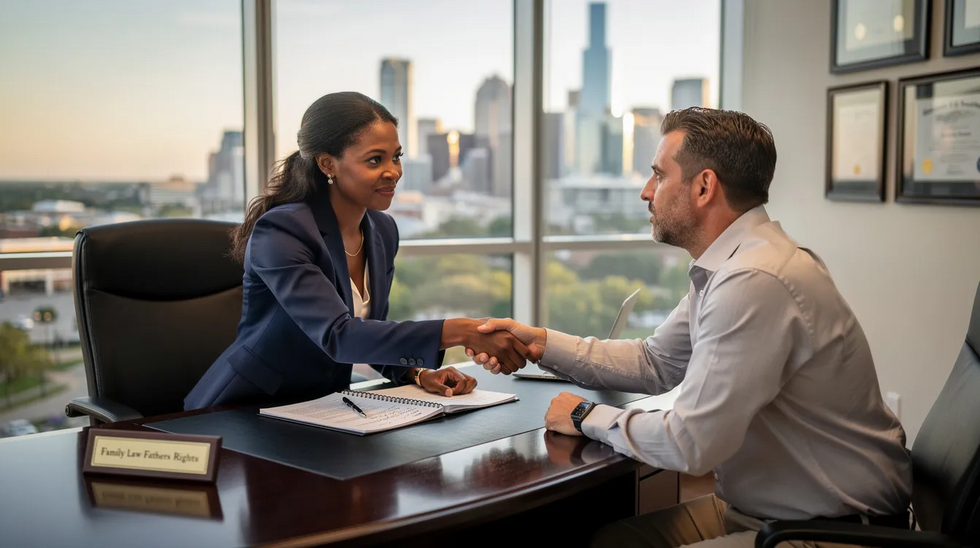 An attractive African American female attorney is shaking hands with a father in an upscale office, with a scenic view of Houston in the background. The consultation focuses on family law issues, including child custody and support obligations, highlighting the attorney's role as a compassionate father's rights attorney in Houston, dedicated to ensuring fair custody arrangements and the child's well-being.