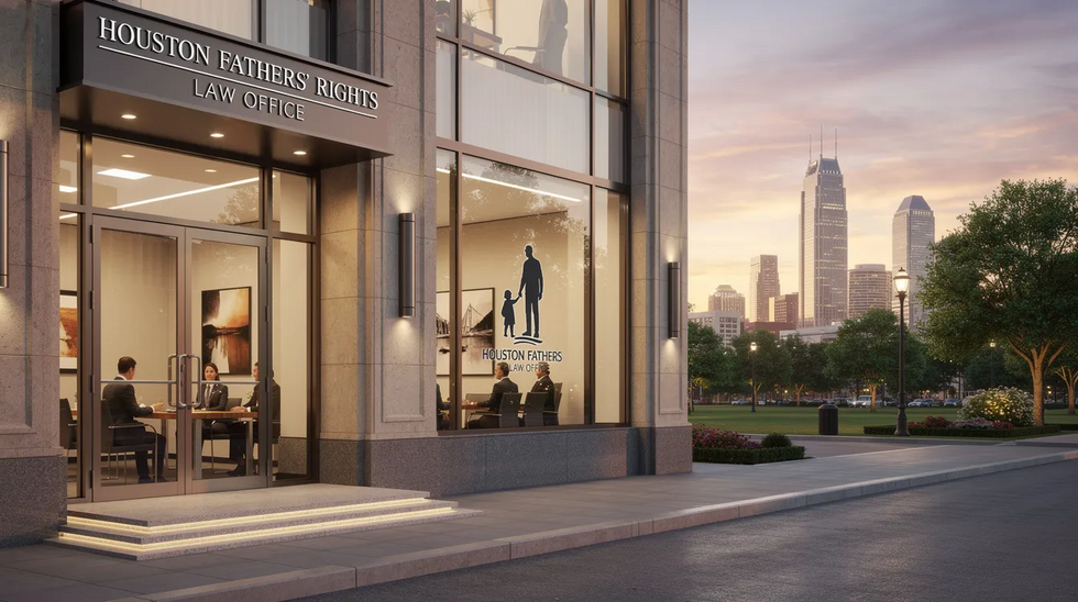 The image depicts an upscale law office in Houston, Texas, with a scenic background that symbolizes the importance of father's rights in divorce cases. It reflects a supportive environment for fathers navigating child custody and support obligations, emphasizing the role of an experienced family law attorney in ensuring fair custody arrangements and the child's well-being.