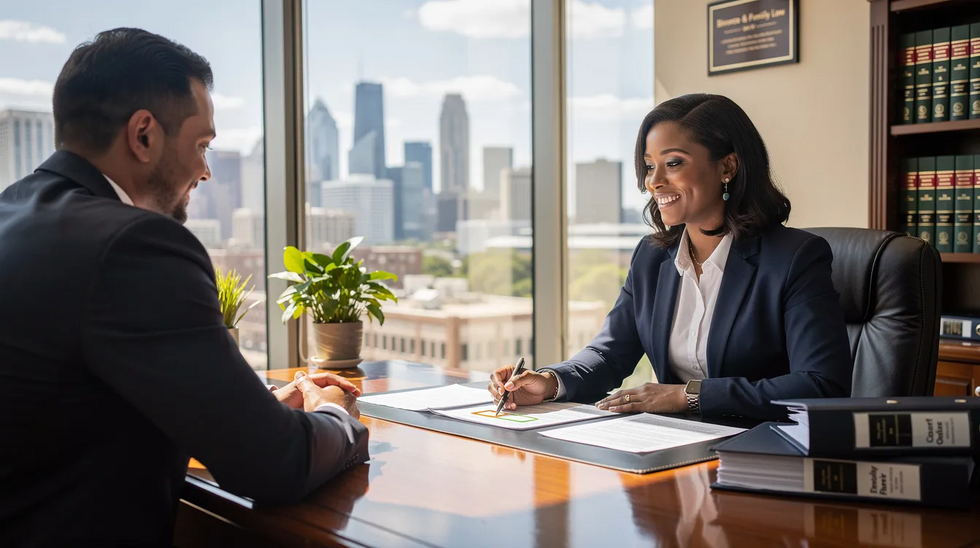 An attractive African American divorce lawyer is seated in an upscale office with a scenic view of Houston, discussing court orders and family law matters with a satisfied client. The meeting focuses on important topics such as child support, property division, and the enforcement of the final divorce decree.
