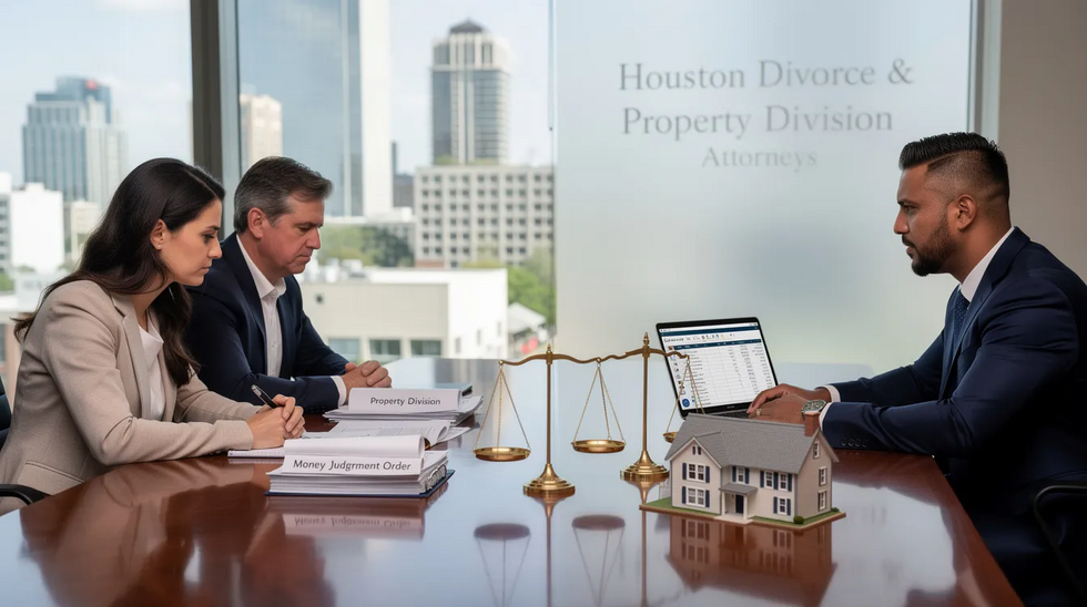 The image depicts a family law attorney in a Houston office, discussing property division and financial judgments related to a divorce decree with a client. The attorney emphasizes the importance of enforcing court orders for child support and spousal maintenance, ensuring compliance with legal requirements for both parties involved.