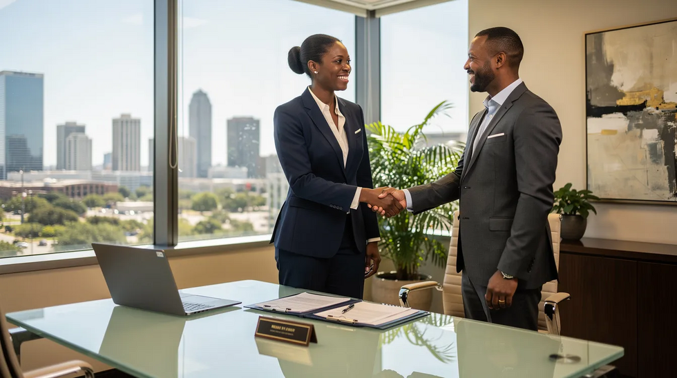 An attractive African American attorney in Houston, Texas, is shaking hands with a satisfied client outside an upscale law firm, with a scenic background. This moment reflects successful legal representation in family law cases, possibly involving child support or divorce decree enforcement.