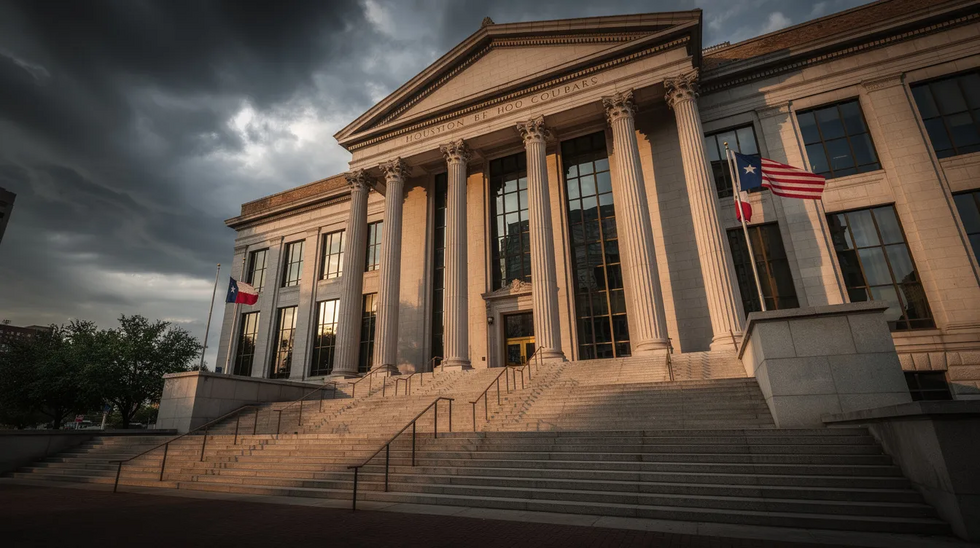 The image depicts the exterior of a Houston courthouse building, set against a dramatic sky that enhances its imposing architecture. This courthouse is a key location for family law cases, including child custody matters and temporary restraining orders.