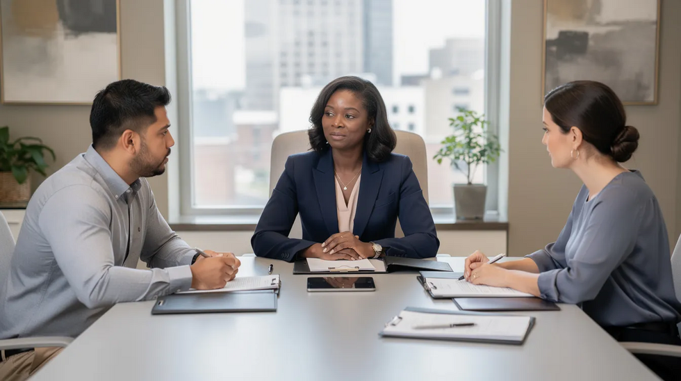 The image depicts a calm and professional mediation meeting in Houston, featuring an attractive African American female family law attorney and a diverse couple seated at a modern conference table. They are collaboratively discussing child custody and financial agreements, surrounded by legal documents, notepads, and a city skyline view, creating a reassuring atmosphere focused on reaching a mutually agreeable resolution.