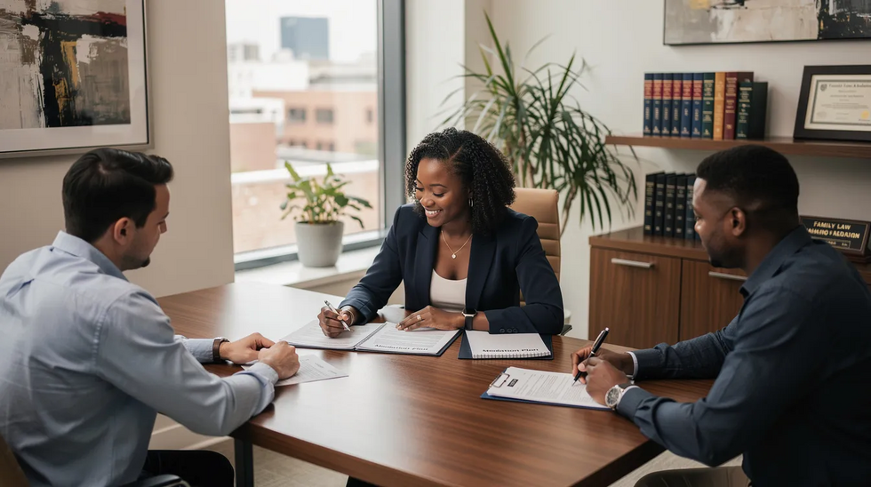 A confident African American female family law attorney meets with clients in a warm and inviting Houston office, discussing mediation strategies and reviewing legal documents. The scene emphasizes trust and professionalism, showcasing a collaborative approach to resolving family law matters such as divorce and child custody through alternative dispute resolution.