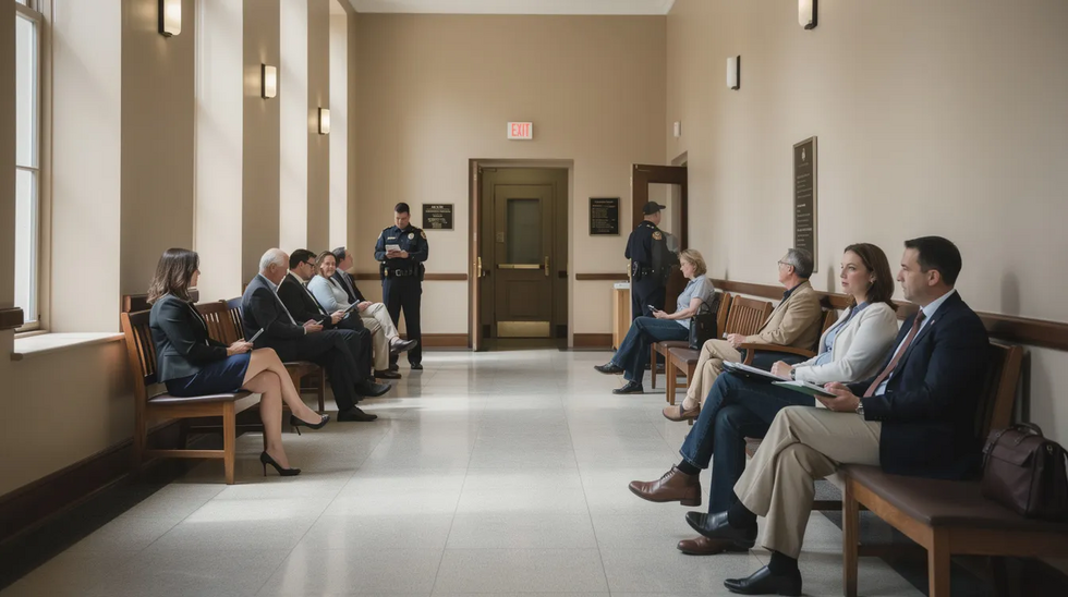 The image depicts a calm courthouse hallway where individuals are waiting respectfully, possibly for court proceedings related to marriage annulment or other legal matters. The setting reflects a serious atmosphere, highlighting the importance of legal processes such as obtaining a marriage license or navigating the annulment process under Texas law.