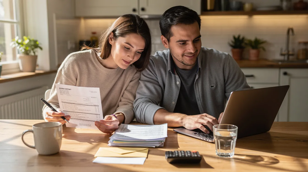 A couple is seated at a kitchen table, reviewing various household papers that may include documents related to their common law marriage and legal status. This scene reflects their focus on understanding the legal implications and requirements of their relationship under Texas law.
