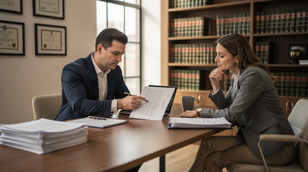 A lawyer and a client are seated at a desk in an office, reviewing legal documents related to common law marriage and its implications under Texas law. This consultation addresses the legal requirements for establishing common law marriage, ensuring the client understands their rights and options regarding marriage licenses and potential divorce proceedings.