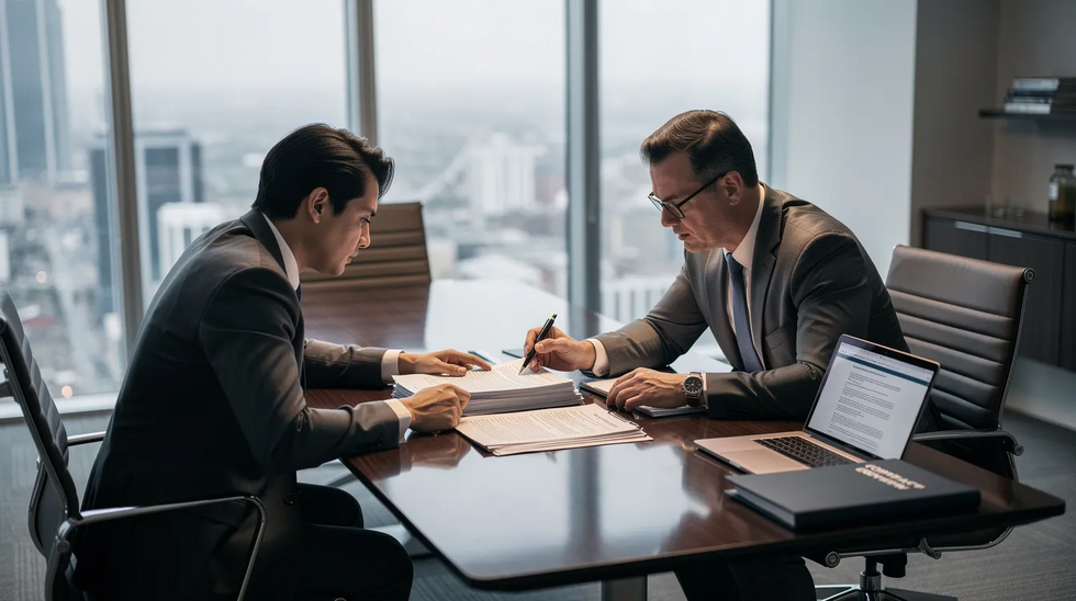 An individual is seated at a conference table, reviewing legal documents with an experienced annulment attorney in Houston. They are discussing the annulment process, focusing on the specific legal grounds that could lead to a marriage being declared void under Texas law.