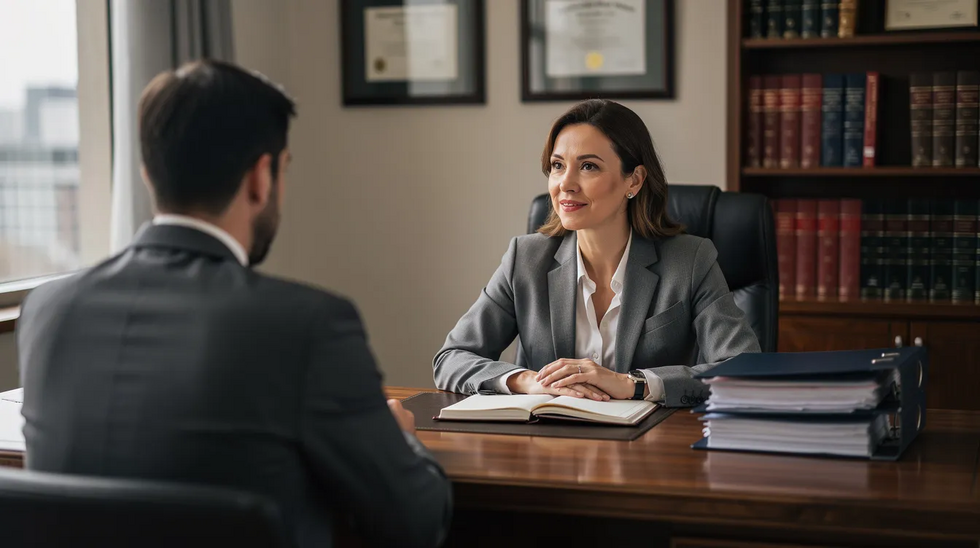 An experienced family law attorney is attentively listening to a client in a private office, discussing important matters related to the annulment process and legal representation. The atmosphere is professional, highlighting the significance of understanding the grounds for annulment under Texas law.