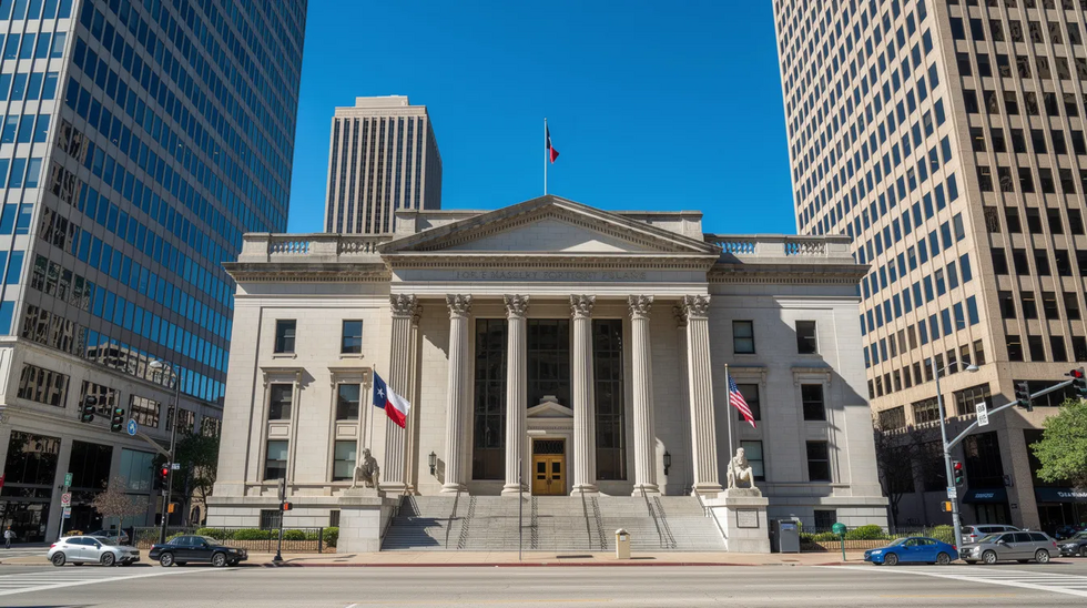 The image depicts the downtown Houston courthouse under a clear blue sky, surrounded by modern buildings, symbolizing the legal processes such as name changes in Texas. This setting reflects the importance of family law cases and the legal rights of parents seeking to change a child's name through the appropriate court procedures.