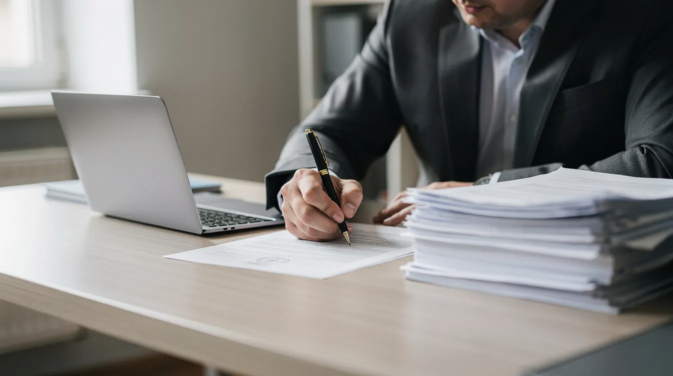 A person is seated at a desk, focused on signing important documents with a pen, likely related to a name change process for a child, which may involve legal aspects such as the Texas family code and the district clerk's office. The scene conveys the seriousness of legal documentation, possibly including a court order or change petition.