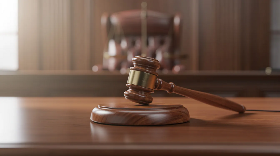 The image depicts a wooden gavel resting on a judge's bench in a courtroom, symbolizing the authority of the court in family law cases and legal processes such as name changes in Texas. The gavel represents the judge's role in overseeing matters related to legal rights and petitions, including those involving a child's name change.