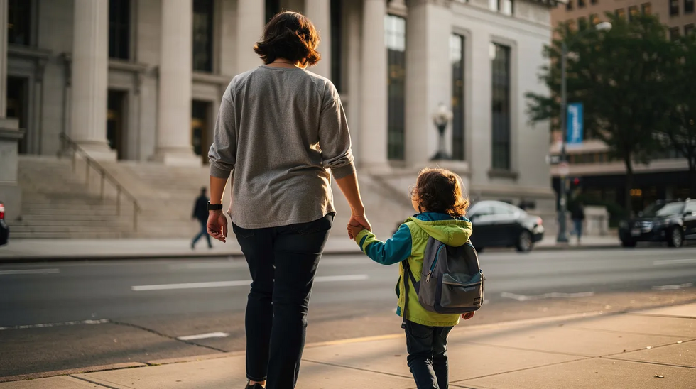The image depicts a parent holding a child's hand while walking near a city courthouse, symbolizing the legal journey often involved in child custody cases. This scene reflects the importance of parental rights and the best interests of the child in the context of family law and custody disputes in Houston, Texas.