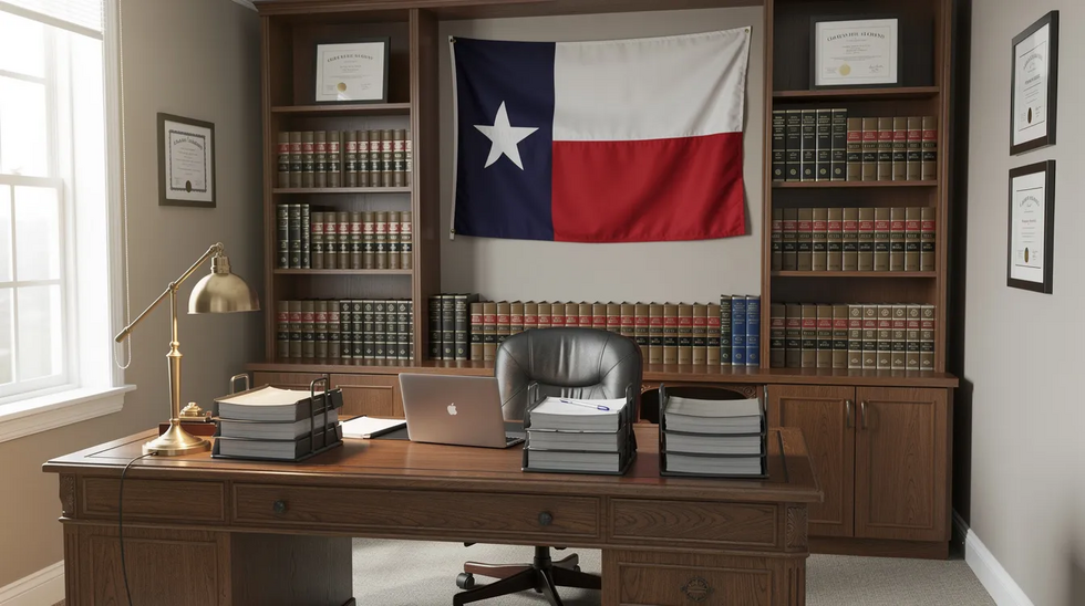 The image depicts a family law office featuring a desk cluttered with legal books and documents, alongside a Texas flag prominently displayed. This setting reflects a professional environment where experienced attorneys provide legal guidance on custody disputes and child custody cases in Houston, Texas.