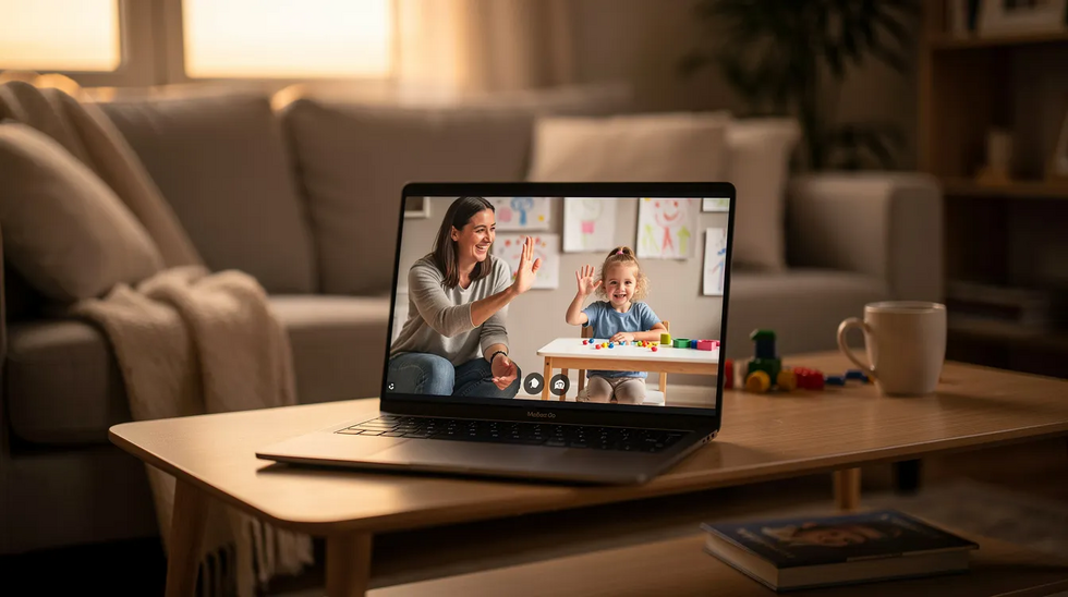 The image depicts a parent and child engaged in a video call on a laptop, sitting comfortably in a living room. This scene highlights the importance of maintaining connections in child custody arrangements, especially for noncustodial parents navigating custody disputes under Texas family law.