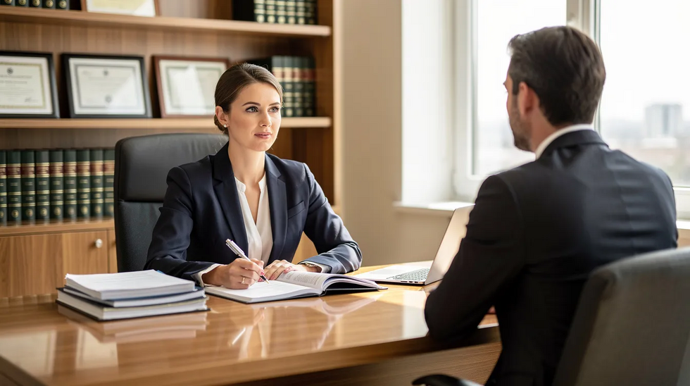 The image shows a professional woman attorney seated at a desk in her office, engaged in a consultation with a client regarding child custody issues. The setting reflects a supportive environment where legal guidance is provided on custody arrangements and the complexities of interstate custody cases.