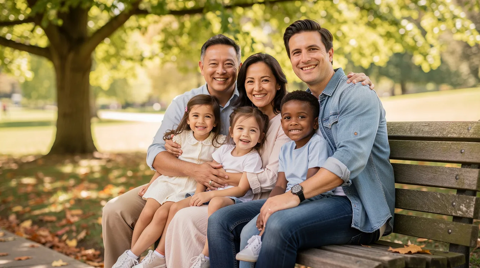A joyful blended family, including children and adults, is sitting together on a park bench surrounded by lush trees, symbolizing the warmth of stepparent adoption and the positive parent-child relationships formed through the adoption process. This scene reflects the happiness of adoptive families navigating their journey in accordance with Texas adoption laws.