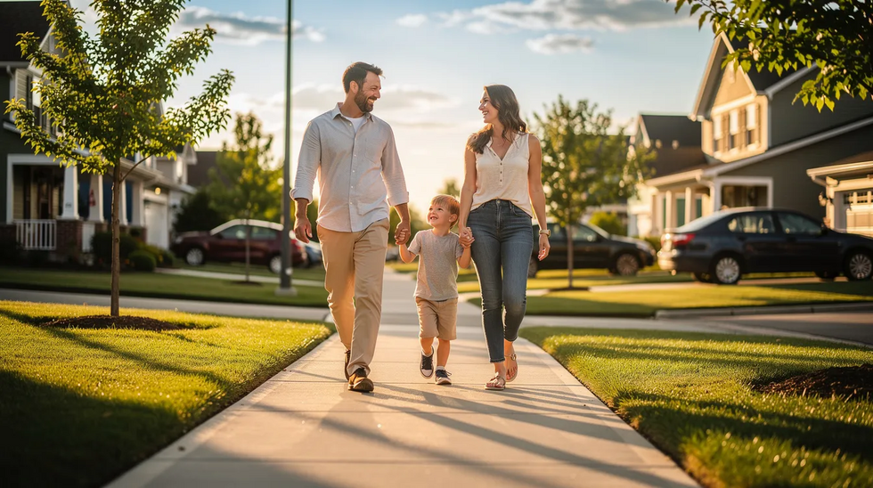A cheerful family of four strolls hand-in-hand along a sunlit sidewalk in their neighborhood, enjoying quality time together. This scene reflects the joy and unity often found in adoptive families, highlighting the importance of the adoption process in creating loving parent-child relationships.