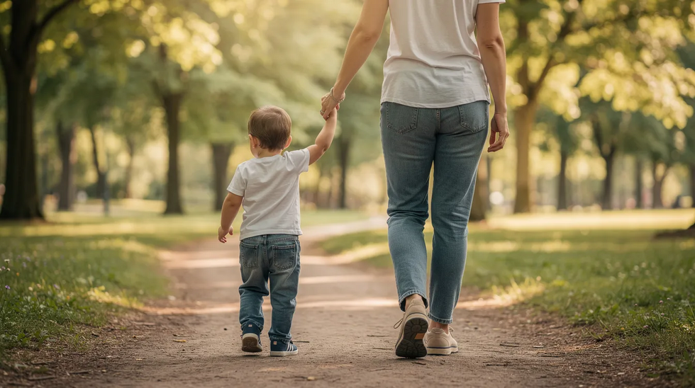 A parent is gently holding a young child's hand while walking along a tree-lined path, symbolizing the nurturing bond essential in child custody matters. This image reflects the importance of a child's upbringing and the role of a custodial parent in providing a supportive environment amidst child custody disputes.