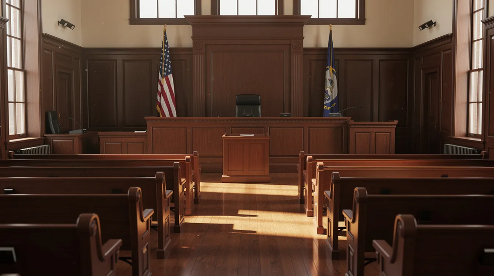The image depicts an empty courtroom featuring wooden benches and an American flag positioned near the judge's bench, symbolizing the formal setting where child custody cases and family law matters are adjudicated. This environment is crucial for addressing custody disputes and ensuring the child's best interests are prioritized within Texas law.