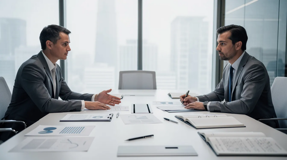 The image shows two individuals sitting across from each other at a conference table, surrounded by documents and notebooks, likely discussing important matters related to child custody issues. This setting may suggest a meeting to strategize on custody arrangements or legal guidance in a child custody case.