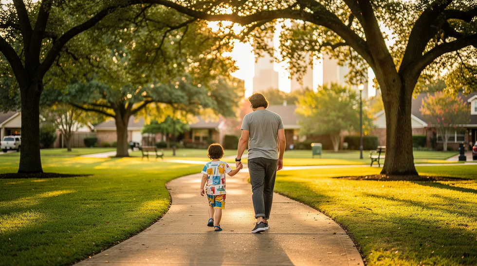 A parent is gently holding their child's hand while walking through a serene, tree-lined park in Houston, symbolizing the strong parent-child relationship that is vital in child custody and support cases. The peaceful setting reflects the importance of nurturing the child's well-being amidst legal discussions about custody modification and visitation schedules.