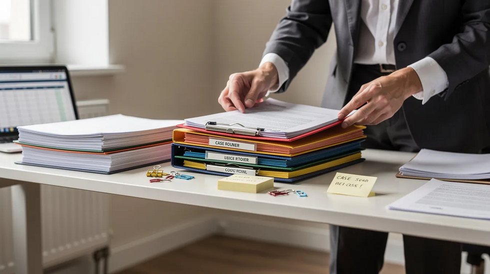 The image shows a professional meticulously organizing case documents and folders on an office desk, highlighting the importance of legal preparation in child custody modification and support cases. The neatly arranged papers reflect the attention to detail necessary for navigating family law and ensuring the best interests of minor children are upheld.