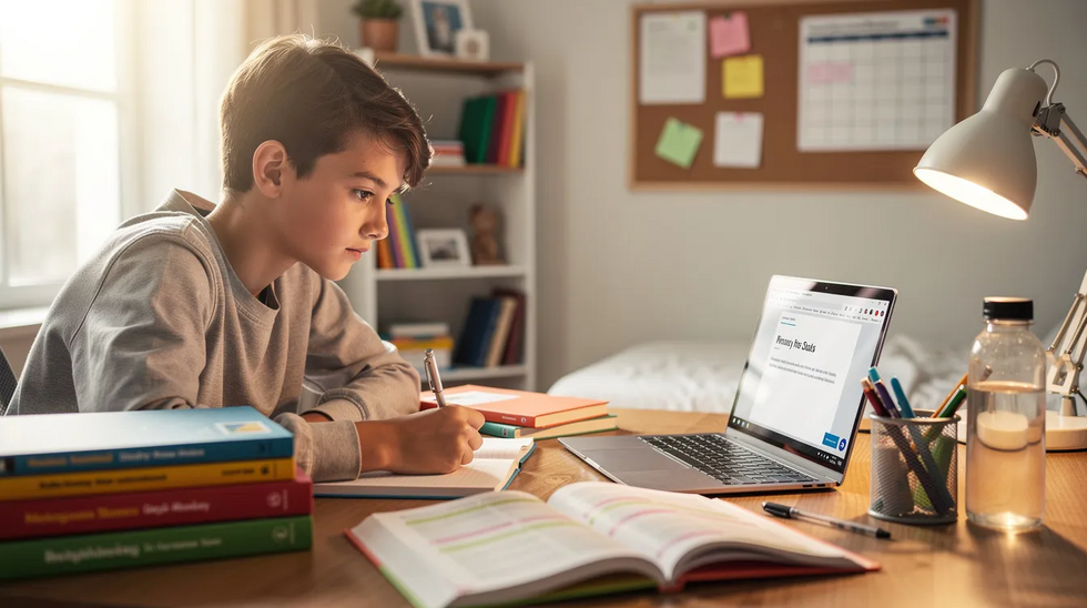 A teenager is focused on studying at a desk cluttered with school books and a laptop, illuminated by natural light streaming through a window in the background. This scene highlights the importance of education and the support that parents provide in a child's academic journey, reflecting the parent-child relationship that can also be relevant in child custody and family law discussions.