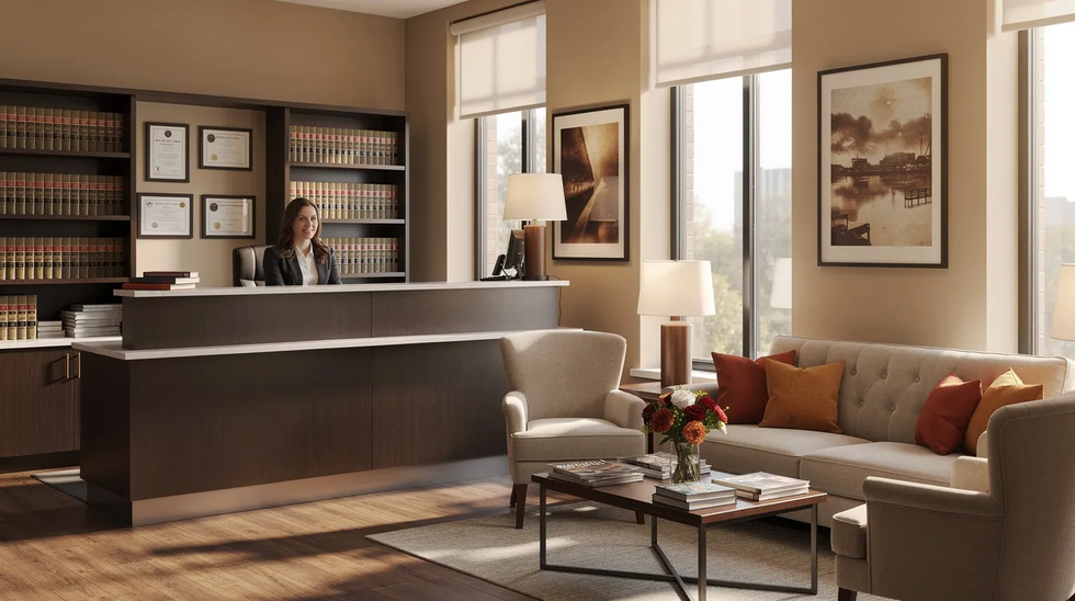 The image shows a professional attorney's office featuring a warm and welcoming reception area with comfortable seating, designed to make clients feel at ease while discussing important matters such as child custody and support. This inviting space reflects the attorney's commitment to addressing family law issues and ensuring the best interests of children and parents alike.