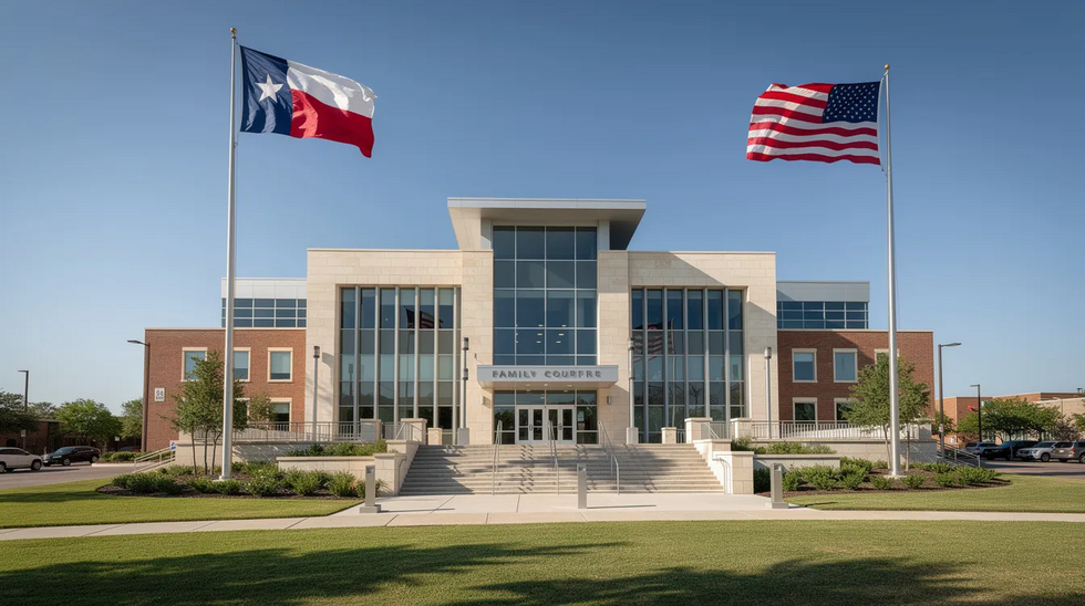 The image shows a family court building in Houston, Texas, with the Texas and American flags waving outside on a clear day, symbolizing the legal process involved in family law matters such as establishing paternity, child custody, and parental rights. This setting represents the venue where important decisions regarding a child's upbringing and legal parentage are made.