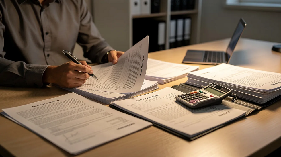 A person is seated at a desk, carefully reviewing financial documents and legal paperwork related to child support and establishing paternity, with a calculator and pen at hand. This scene highlights the importance of legal representation in paternity cases, reflecting the complexities of family law in Houston, Texas.