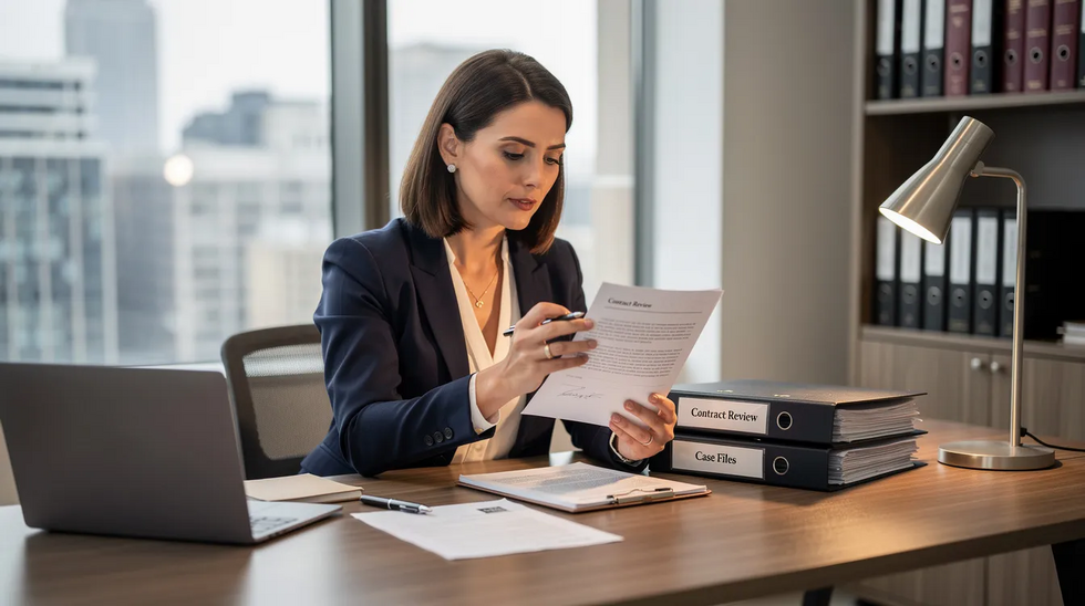 A professional woman is seated at a desk in an office, intently reviewing legal documents related to child support modification. The setting suggests a focus on family law, emphasizing the importance of understanding child support obligations and the legal process involved in modifying support orders.
