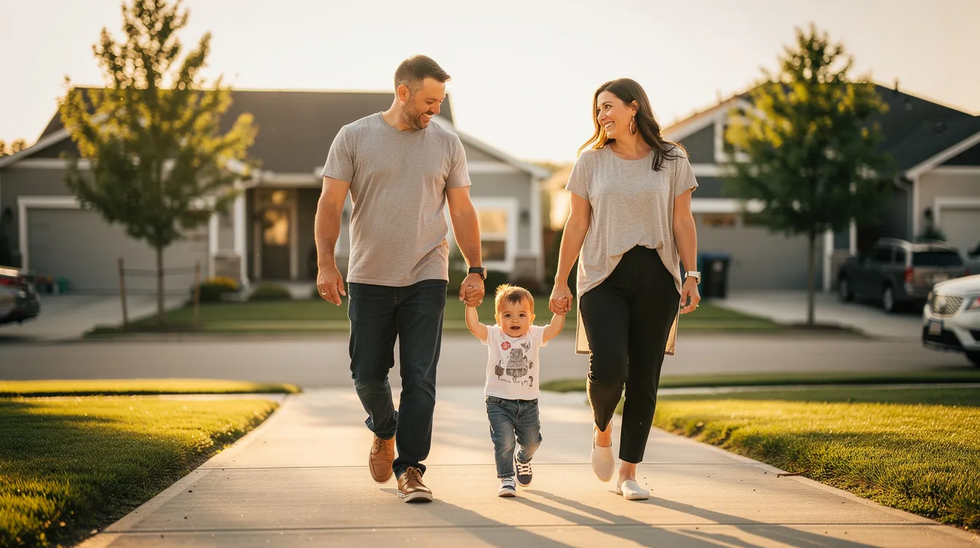 A family with a young child is walking together in a residential neighborhood, enjoying a sunny day. This image reflects the importance of family dynamics, which can be affected by child support obligations and modification processes under Texas law.