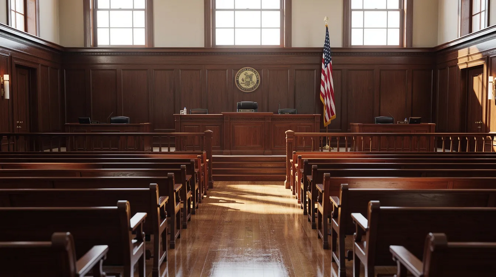 The image depicts a courtroom interior featuring wooden benches and an American flag prominently displayed, symbolizing the legal process surrounding family law matters such as child support modification. This setting is where parents may seek to address child support obligations and modifications in accordance with Texas law.