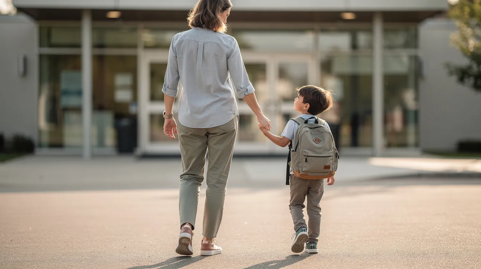 The image shows a parent gently holding the hand of a young child as they walk toward a building entrance, symbolizing the supportive relationship that can be crucial during legal processes like child support modification. This scene reflects the importance of navigating family law and child support obligations together.