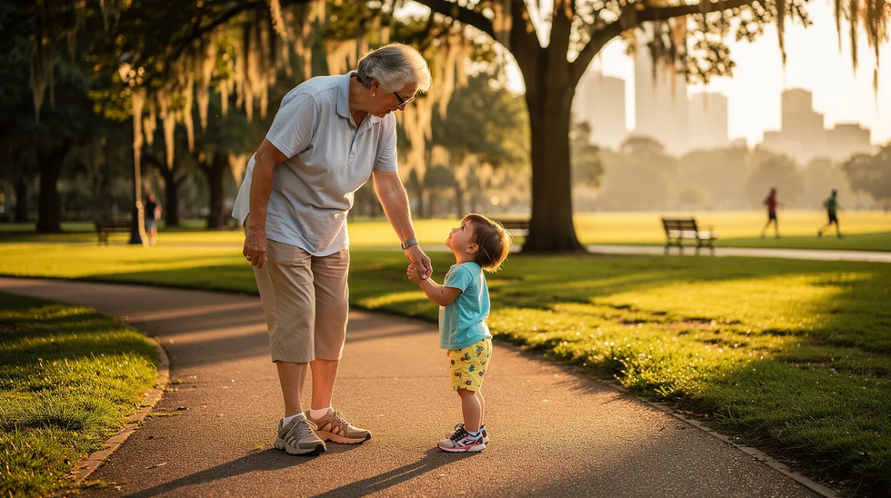 A grandparent is walking through a park in Houston, holding hands with a young child, symbolizing the importance of family relationships and the emotional well-being of grandchildren. This scene highlights the significance of grandparents' rights and their role in a child's life, particularly in the context of Texas law and family dynamics.