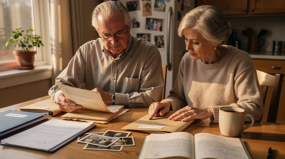 An older couple sits at a kitchen table, carefully reviewing family documents that may relate to child custody and parental rights under Texas law. Their focused expressions suggest they are discussing the best interests of their family, potentially considering the emotional well-being of their grandchildren and the importance of maintaining family relationships.