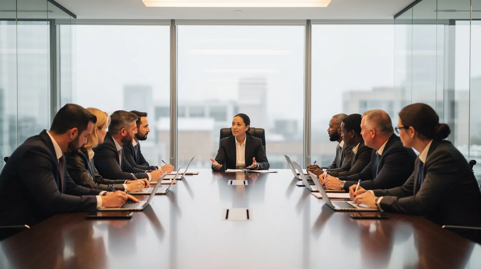 The image shows two groups of people engaged in a discussion at a conference table, with a mediator facilitating the conversation. This setting likely involves important topics related to family law, such as child custody and parental rights, reflecting the emotional dynamics and legal considerations surrounding family relationships.