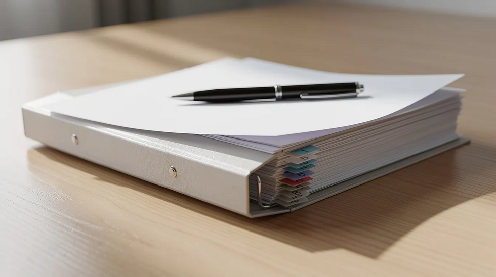 The image shows an organized file folder filled with important documents and a pen resting on a desk, suggesting a workspace focused on family law matters such as child custody and parental rights in Texas. This setting reflects the legal processes involved in protecting children's well-being and family relationships.