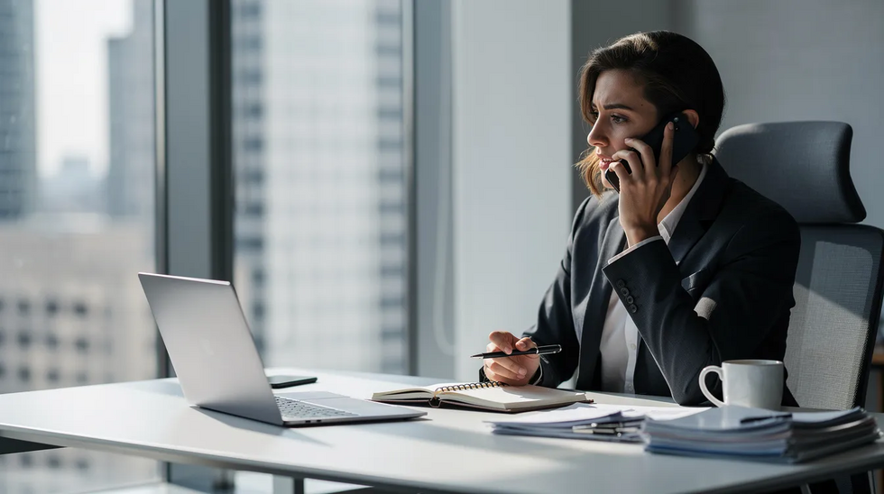 A person is seated at a desk near a window in an office, engaged in a phone call. The scene suggests a professional environment, possibly related to family law, where discussions about child custody or parental rights may be taking place.