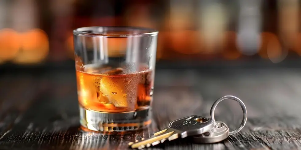 Glass of whiskey with ice next to car keys on a bar counter, representing the legal implications handled by a criminal law lawyer at Villani & DeLuca P.C. in Monmouth Beach, NJ.