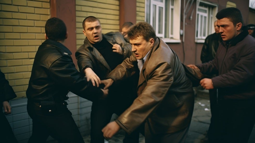 A group of men engaged in a street fight, illustrating disorderly conduct in Middletown, New Jersey.