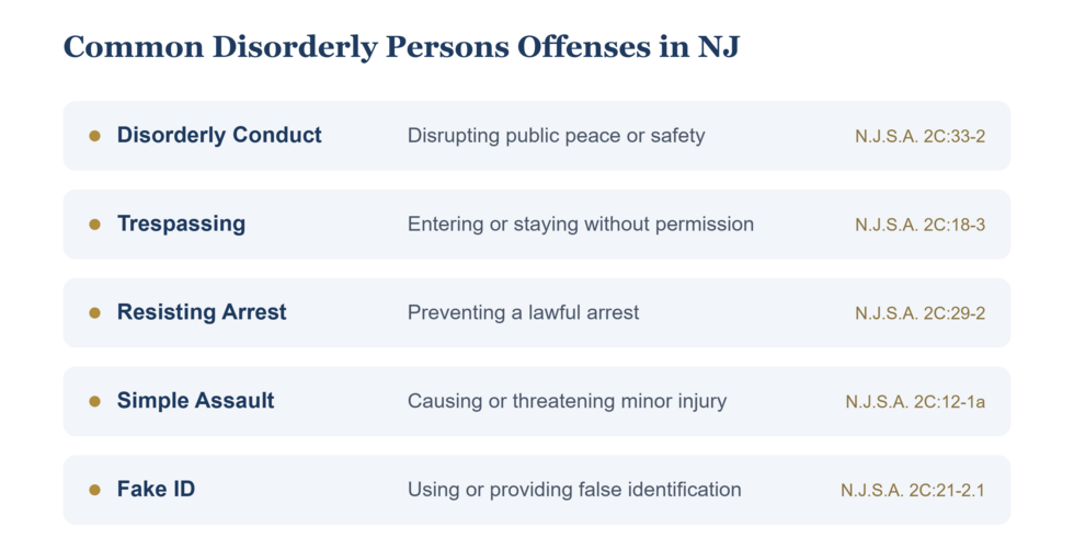 Infographic listing common New Jersey disorderly persons offenses: disorderly conduct (N.J.S.A. 2C:33-2), trespassing, resisting arrest, simple assault (N.J.S.A. 2C:12-1a), and fake ID, each with a short description