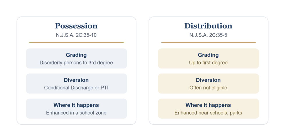Infographic comparing New Jersey drug possession (N.J.S.A. 2C:35-10), graded disorderly persons to third degree with Conditional Discharge or PTI available, against distribution and manufacturing (N.J.S.A. 2C:35-5), which can reach first degree, is often ineligible for diversion, and carries enhanced penalties near schools and parks