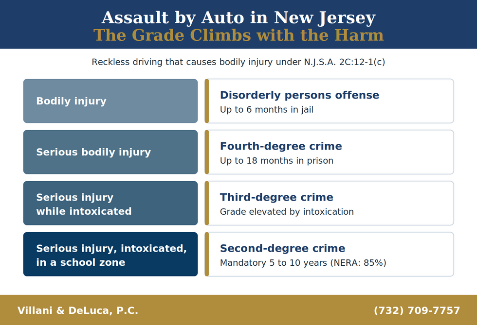 Escalation chart for New Jersey assault by auto under N.J.S.A. 2C:12-1(c). Bodily injury is a disorderly persons offense, up to 6 months in jail. Serious bodily injury is a fourth-degree crime, up to 18 months. Serious injury while intoxicated is a third-degree crime. Serious injury while intoxicated in a school zone is a second-degree crime with a mandatory 5 to 10 years and NERA 85%.
