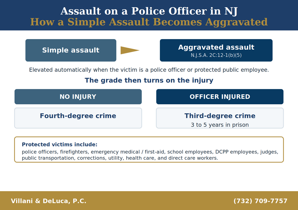 Diagram of New Jersey assault on a police officer. A simple assault becomes aggravated assault under N.J.S.A. 2C:12-1(b)(5) when the victim is a police officer or protected public employee. With no injury it is a fourth-degree crime; if the officer is injured it is a third-degree crime carrying 3 to 5 years. Protected victims include police, firefighters, EMS, school and DCPP employees, judges, transit, corrections, utility, health care, and direct care workers.